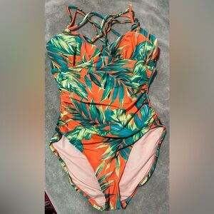 Merona Swimsuit One Piece in Orange and Green Leaf Print